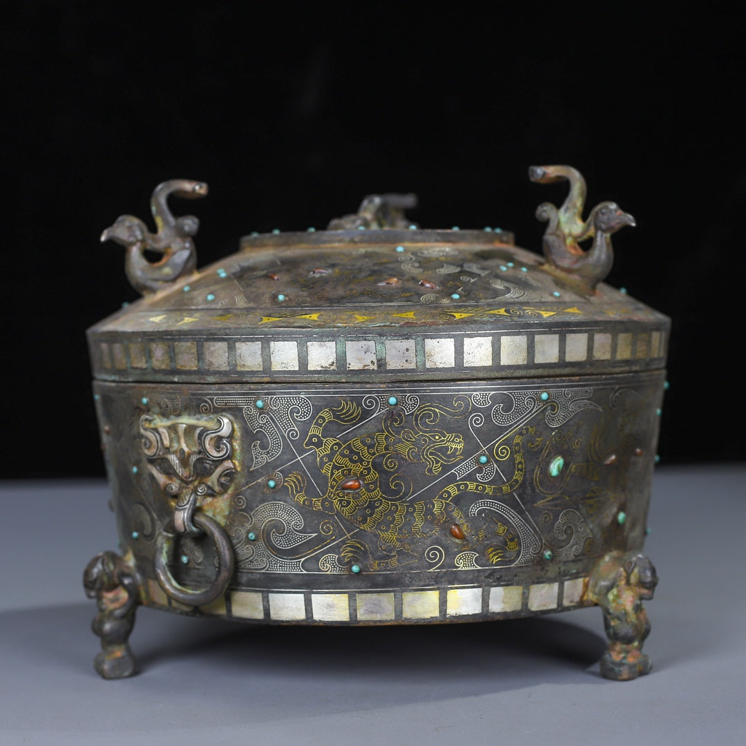 A0597 Vintage Chinese Silver Plated Gilt Gold Bronze Inlay Gems Phoenix Incense Burner