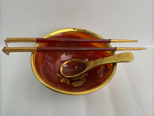 A0598 Chinese Red Agate Inlaying Gold Edge Flower Design Bowl & Chopsticks