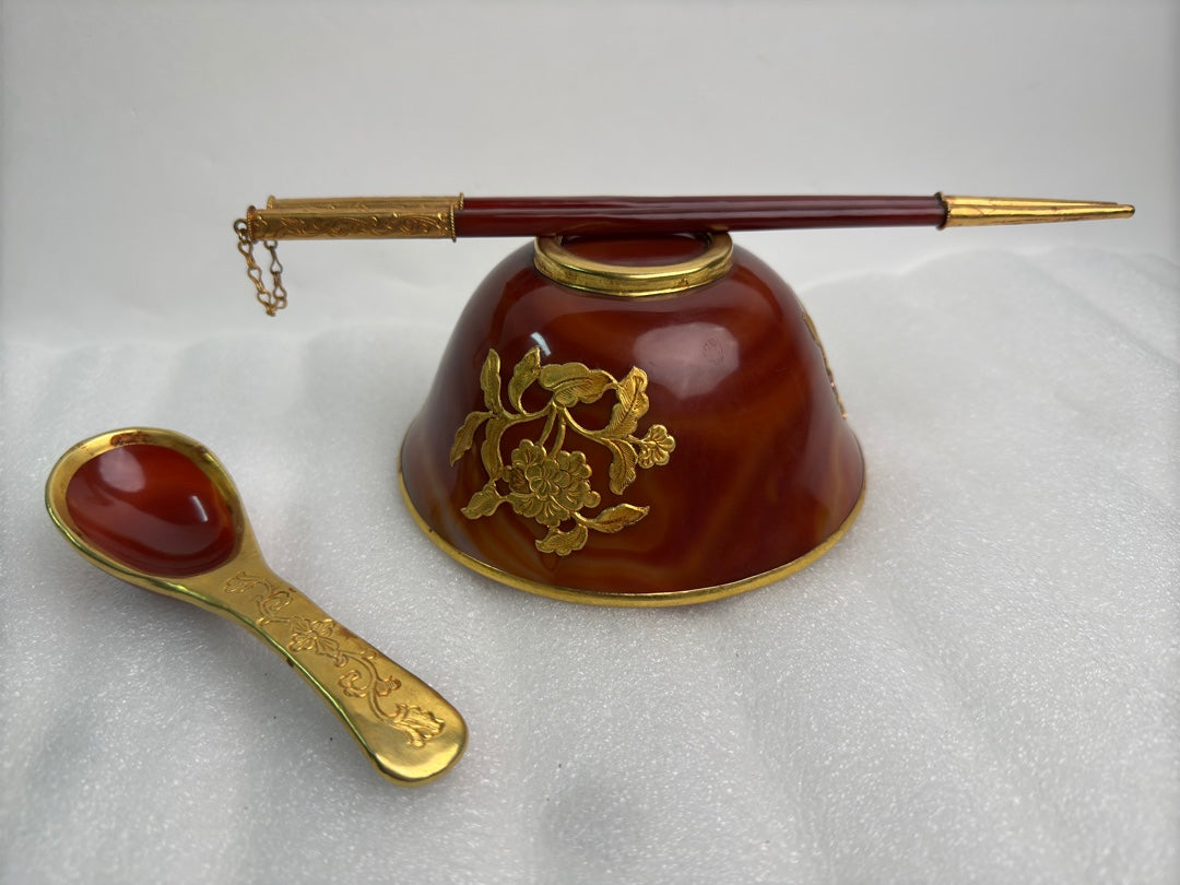 A0598 Chinese Red Agate Inlaying Gold Edge Flower Design Bowl & Chopsticks