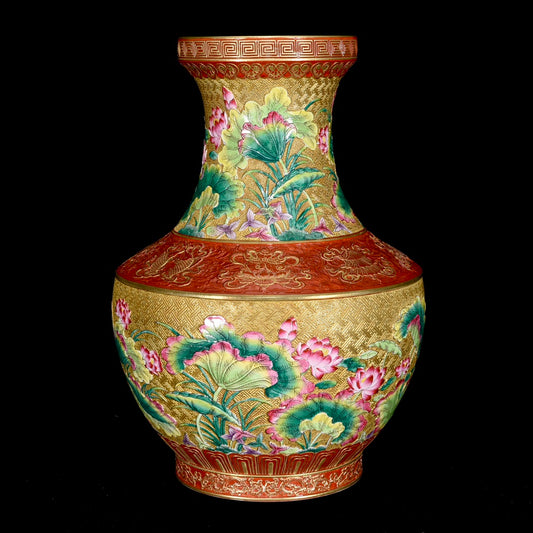 A0601 Chinese Gilt Gold Famille Rose Enamel Low Relief Lotus Leaf & Lotus Flower & Mandarin Ducks Porcelain Vase