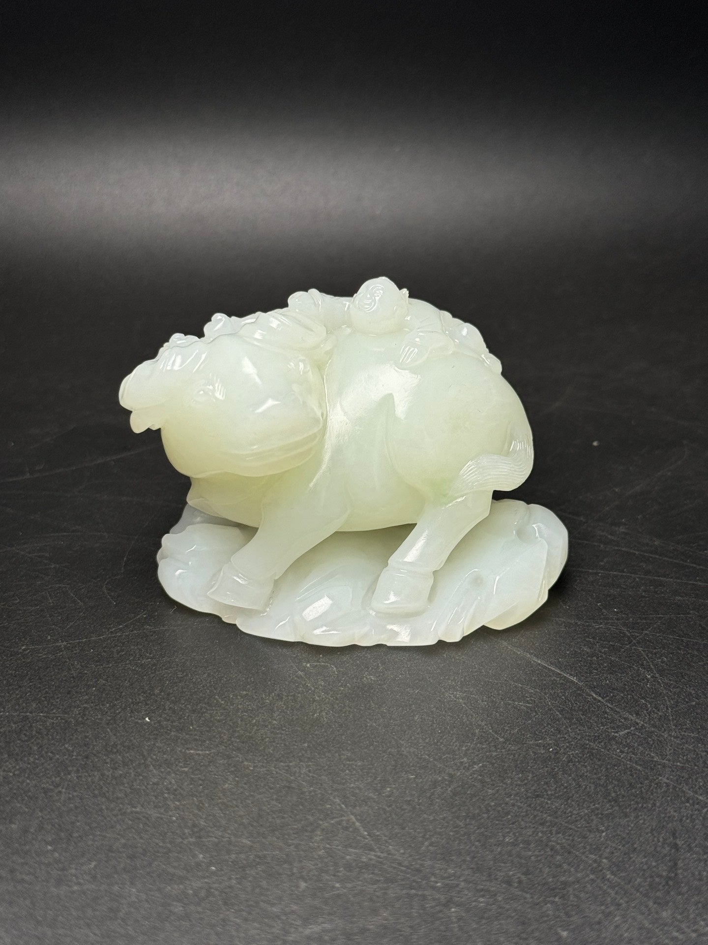 A0602 Superb Chinese White Hetian Jade Carved Ox & Kid Statue