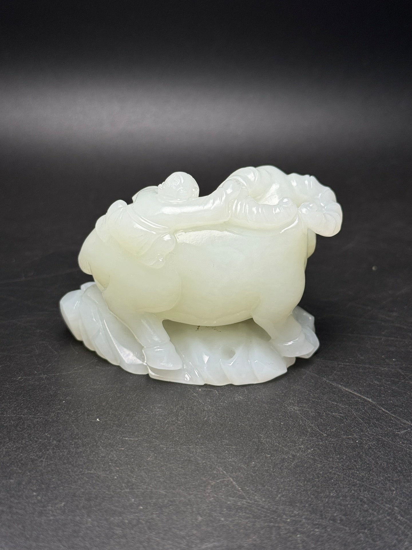 A0602 Superb Chinese White Hetian Jade Carved Ox & Kid Statue