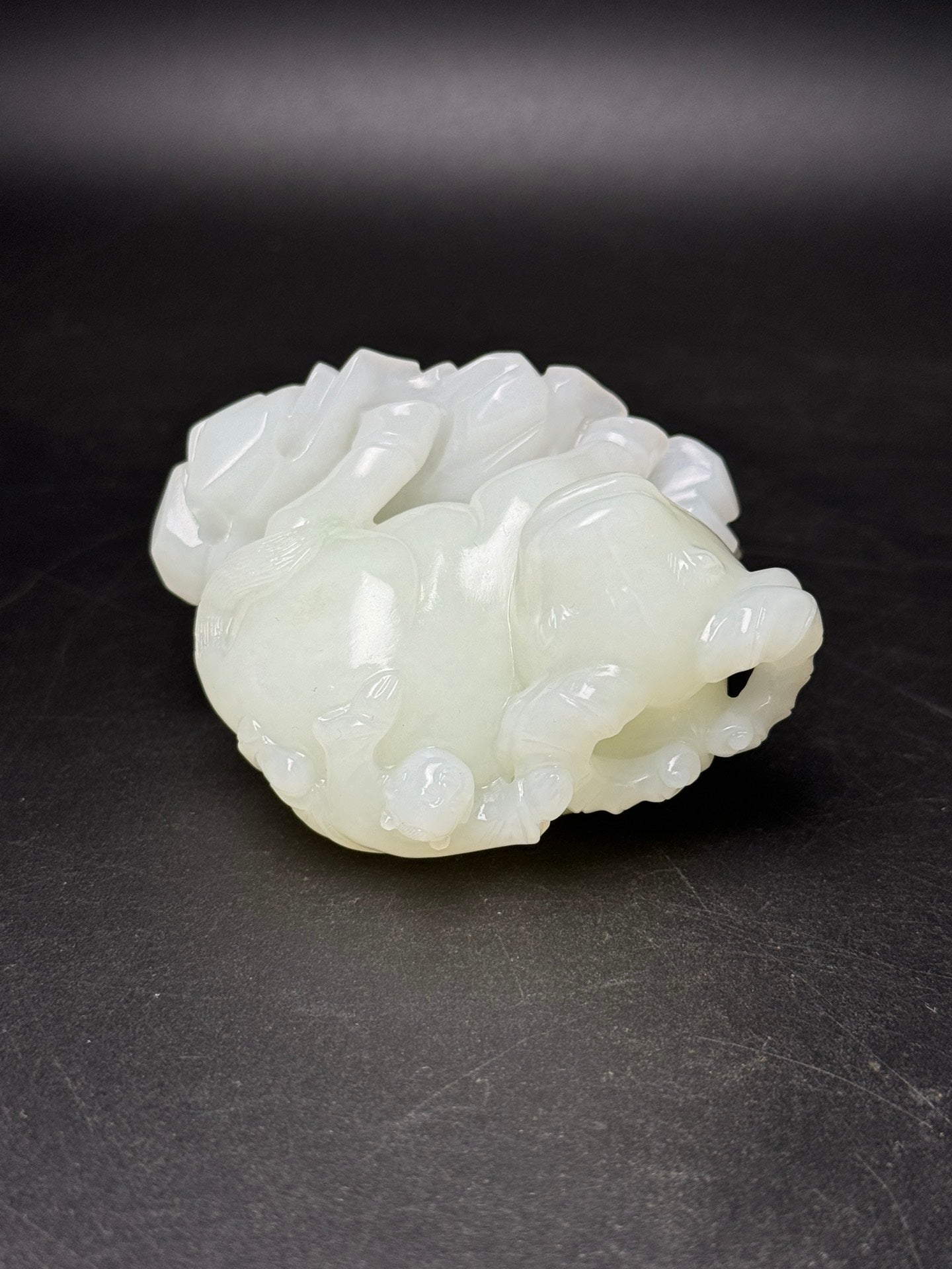 A0602 Superb Chinese White Hetian Jade Carved Ox & Kid Statue