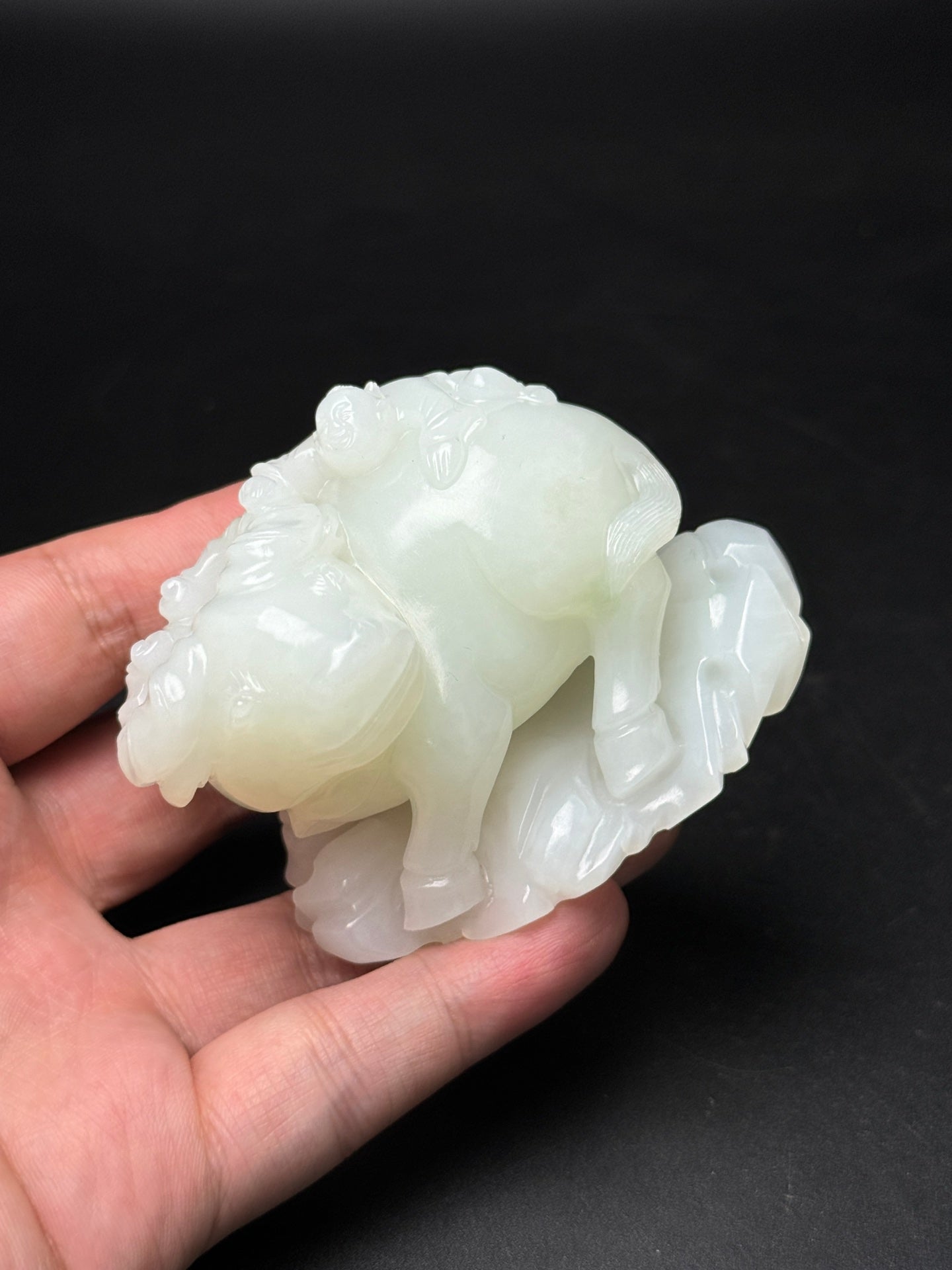 A0602 Superb Chinese White Hetian Jade Carved Ox & Kid Statue