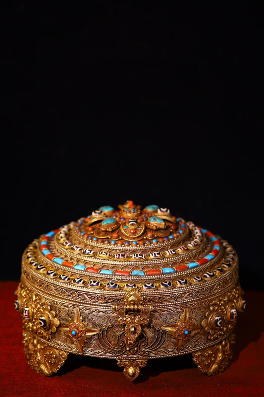 A0605 Tibetan Buddhism Gold Wire Inlay DZI Agate & Turquoise & Lapis Lazuli Jewellery Box