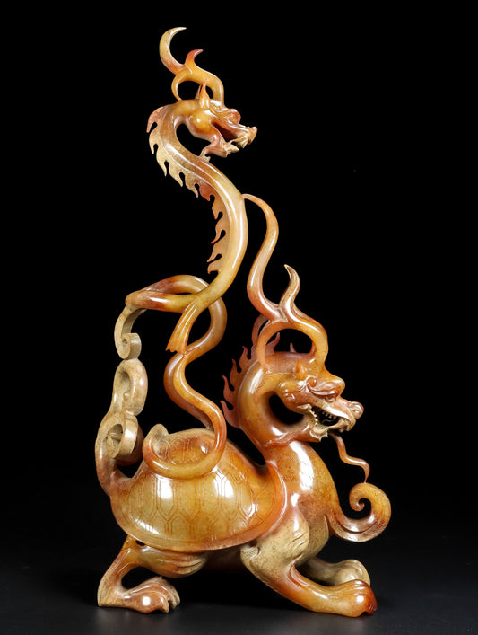A0606 Superb Vintage Chinese Hetian Jade Carved Dragon Turtle & Dragon Statue