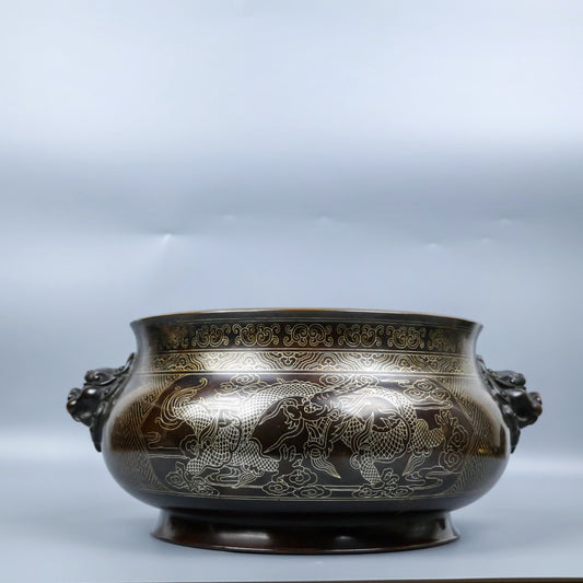 A0608 Vintage Chinese Copper Inlay Silver Wires Double Ears Lion Incense Burner