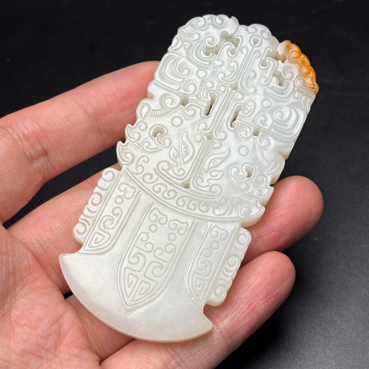 A0616 Chinese Natural Hetian Jade Low Relief Beast Face Axe Pendant