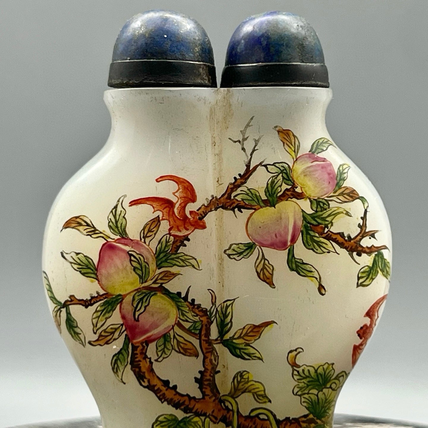 A0617 Chinese Peking Glass Colored Drawing Peach & Gourd Design Conjoined Snuff Bottle