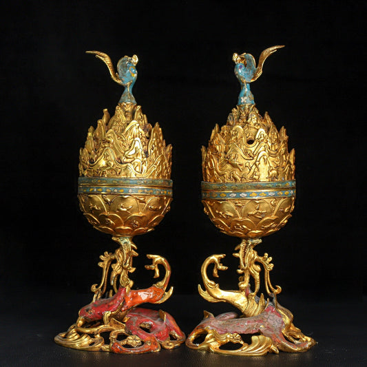 A0618 Vintage Chinese Gilt Gold Copper Cloisonne Incense Burner