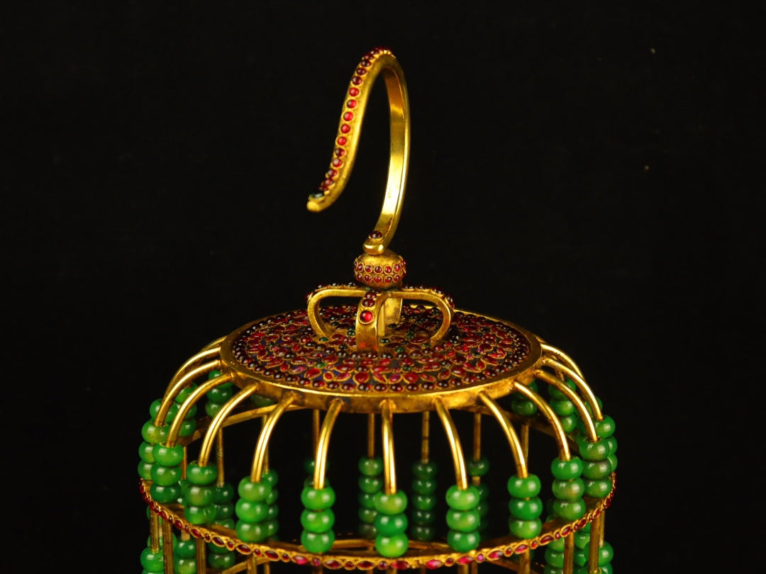 A0620 Exquisite Chinese Gilt Gold Copper Inlay Green Jade & Gems Birdcage