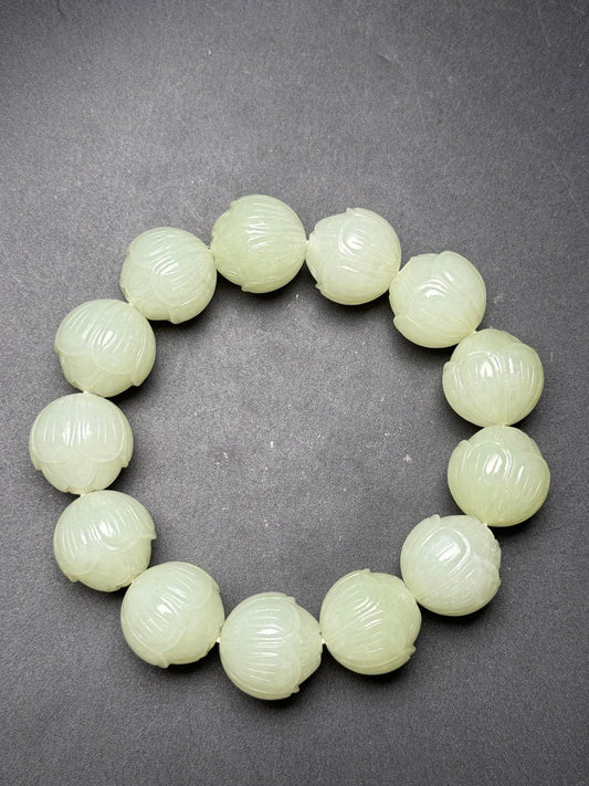 A0630 18mm Chinese Natural Hetian Jade Lotus Flower Beads Bracelet