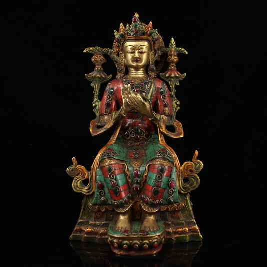 A0638 Tibetan Buddhism Gilt Gold Copper Inlay Turquoise & Gems Buddha Statue