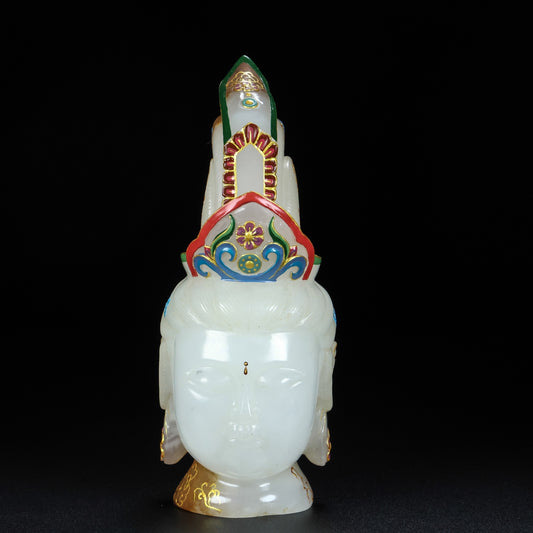 A0640 Exquisite Chinese Hand Drawn Hetian Jade Kwan-yin Head Statue
