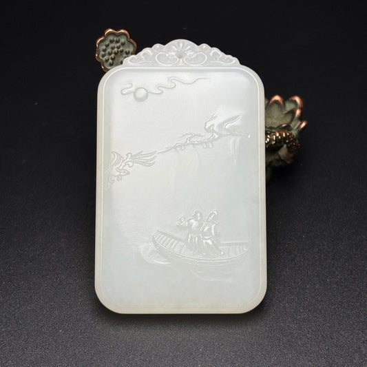 A0645 Chinese Natural White Hetian Jade Low Relief Boat & Figure Design Pendant