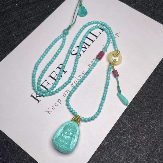A0646 Exquisite Turquoise Carved Buddha Pendant w Beeswax & Turquoise Beads Necklace