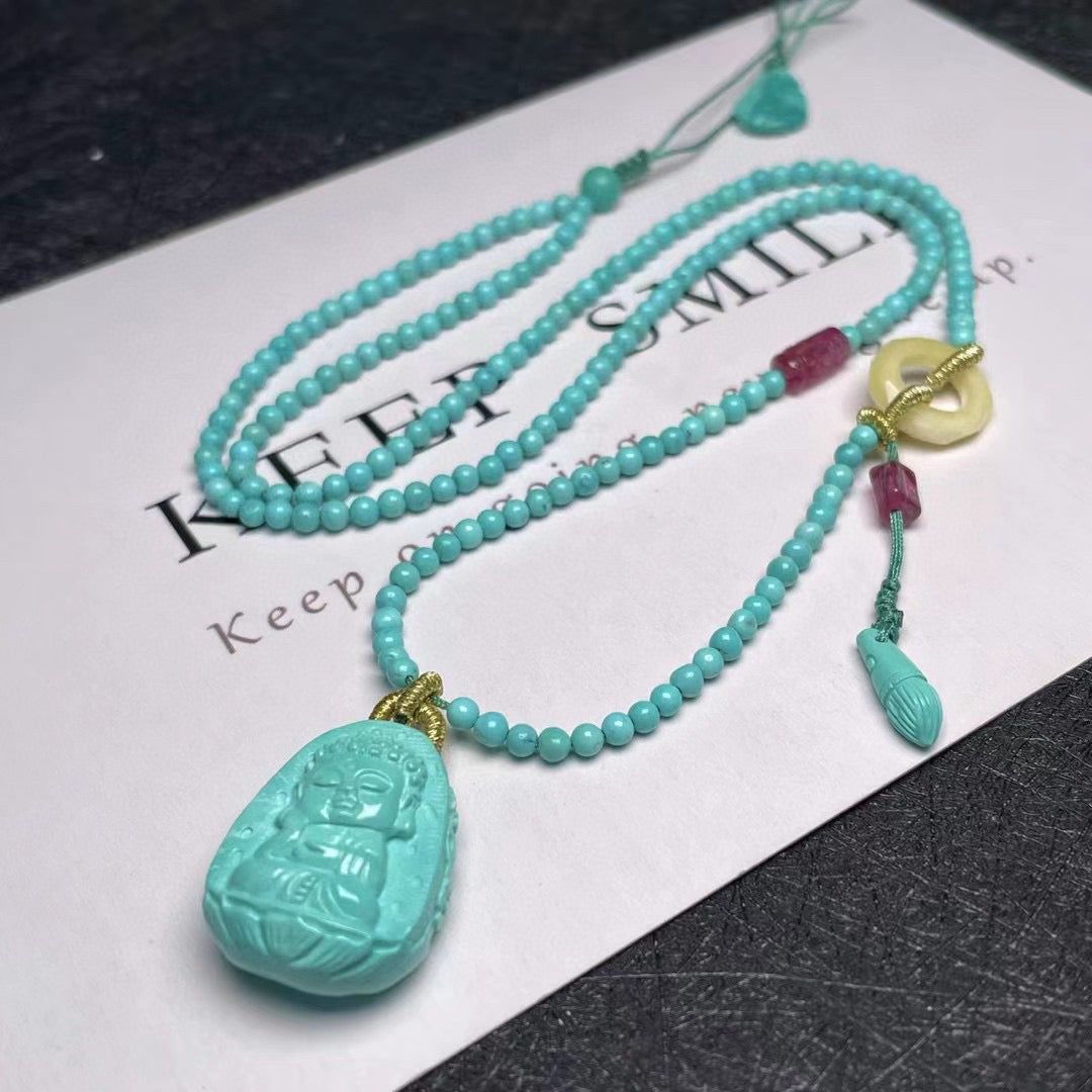 A0646 Exquisite Turquoise Carved Buddha Pendant w Beeswax & Turquoise Beads Necklace