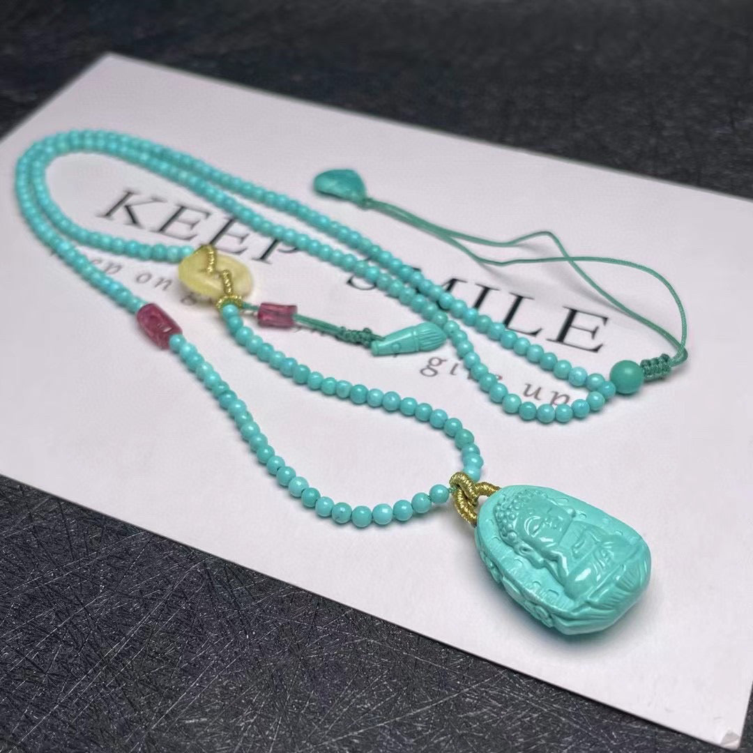 A0646 Exquisite Turquoise Carved Buddha Pendant w Beeswax & Turquoise Beads Necklace