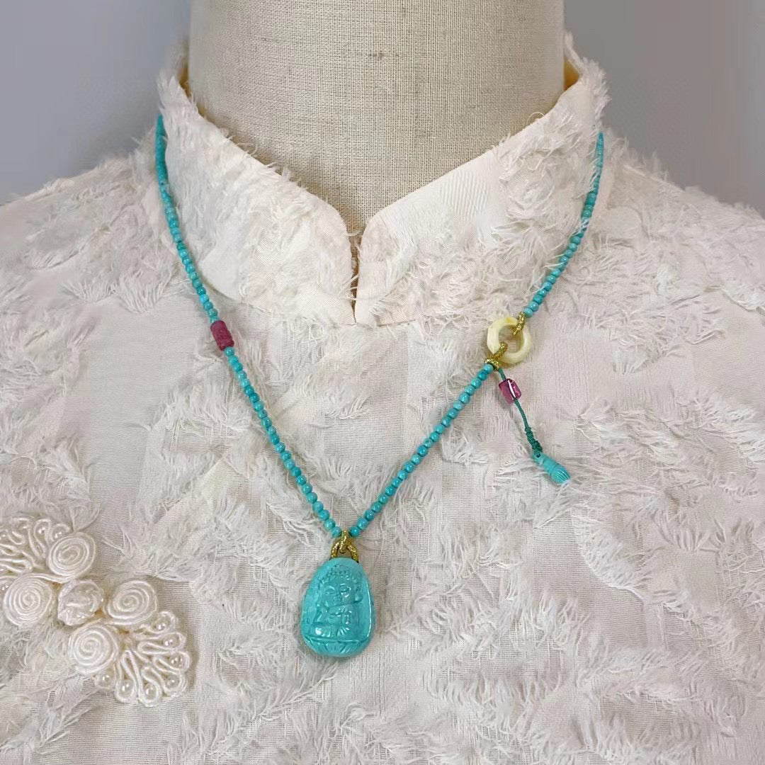 A0646 Exquisite Turquoise Carved Buddha Pendant w Beeswax & Turquoise Beads Necklace