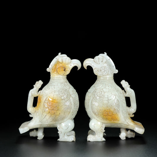 A0647 A Pair Superb Old Chinese Hetian Jade Carved Bird Statue