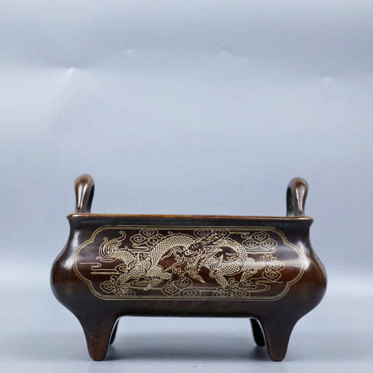 A0648 Vintage Chinese Copper Inlay Silver Wires Double Ears Incense Burner