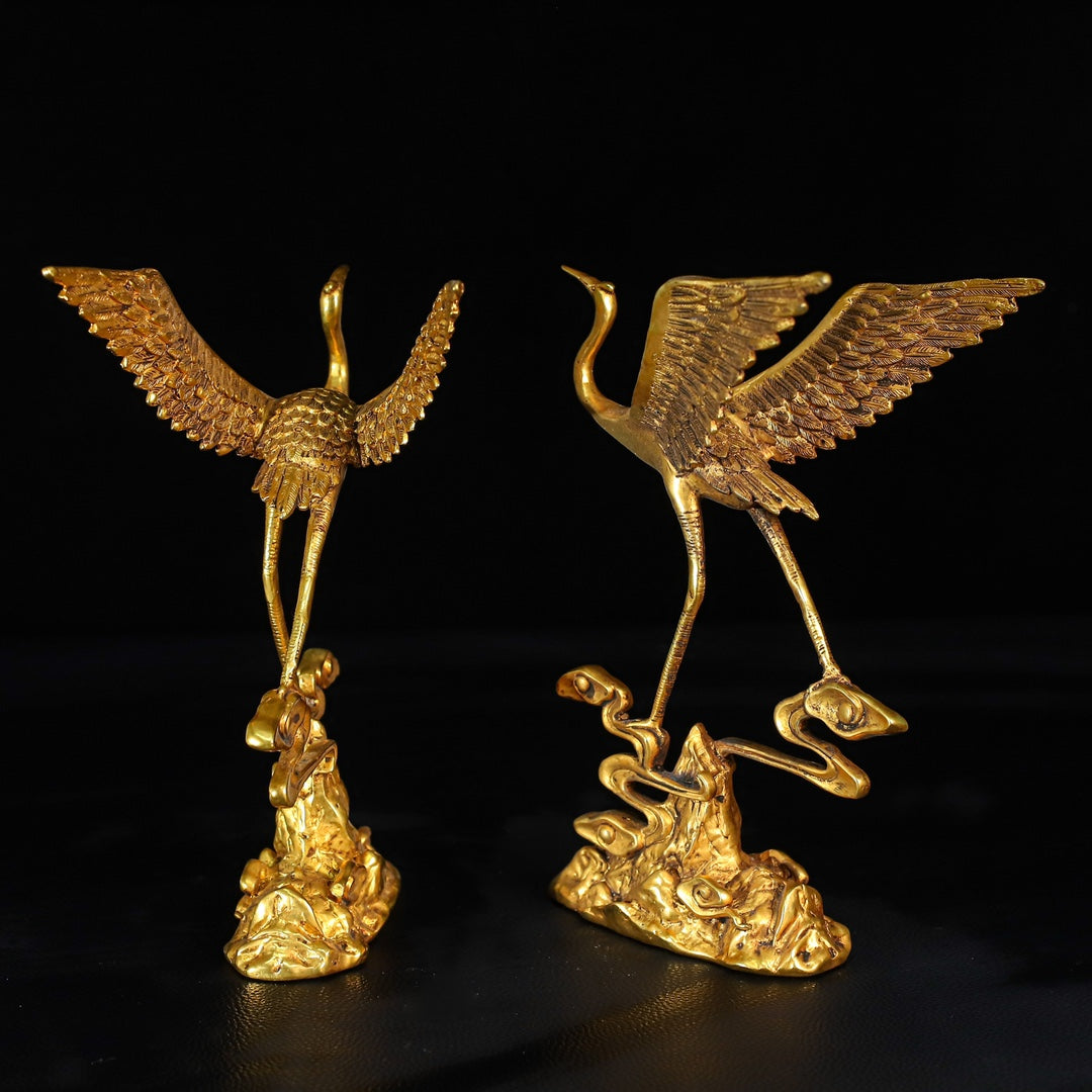 A0650 A Pair Vintage Chinese Gilt Gold Copper Crane Statues