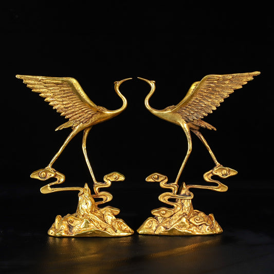A0650 A Pair Vintage Chinese Gilt Gold Copper Crane Statues