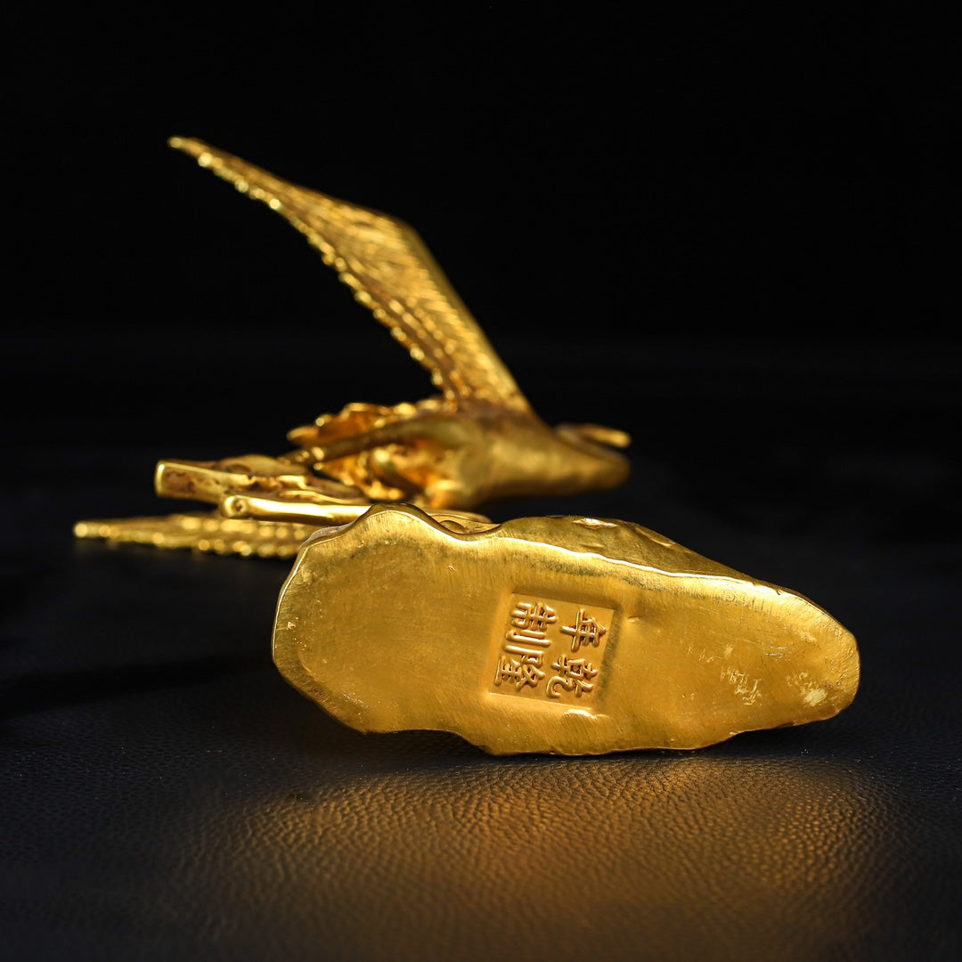 A0650 A Pair Vintage Chinese Gilt Gold Copper Crane Statues