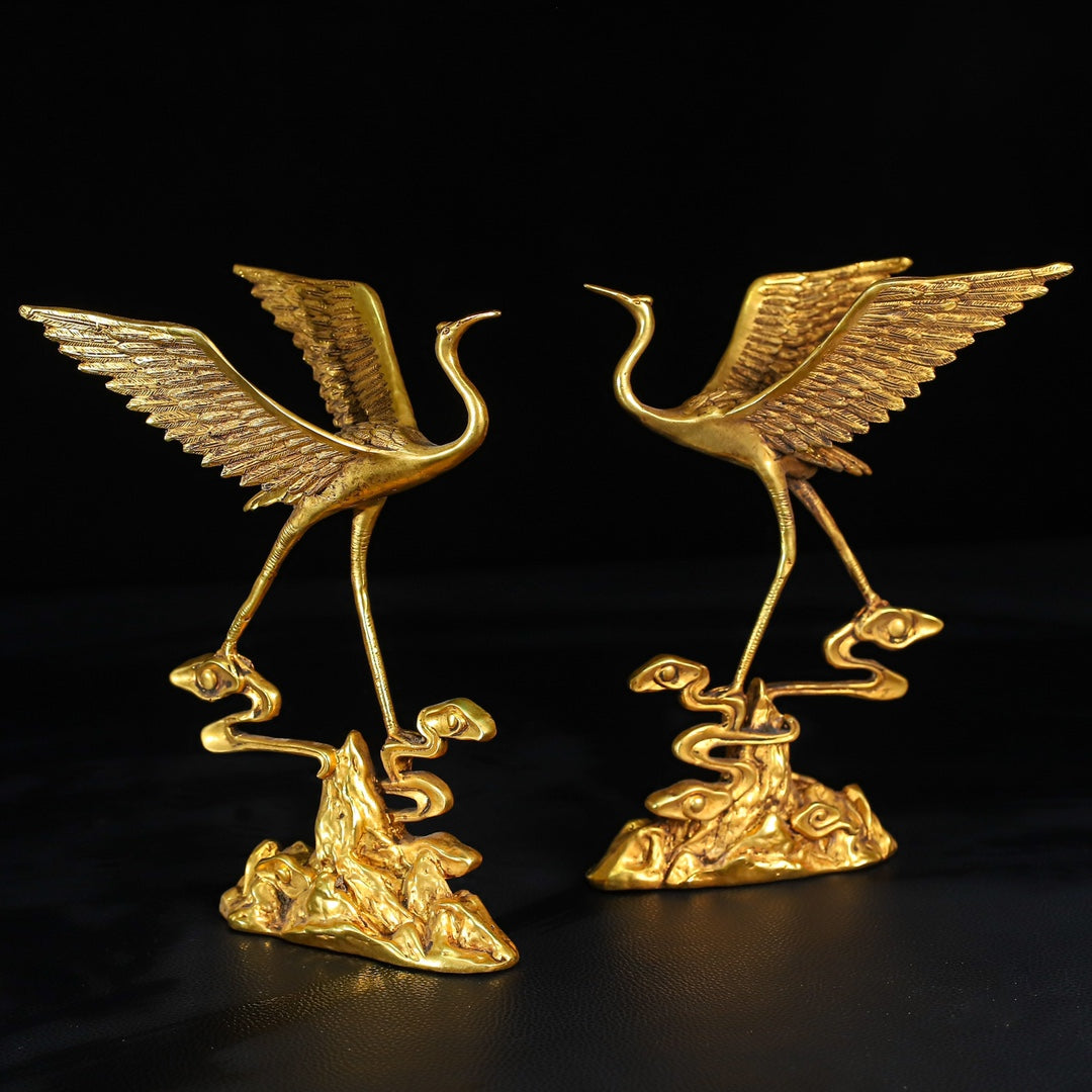 A0650 A Pair Vintage Chinese Gilt Gold Copper Crane Statues