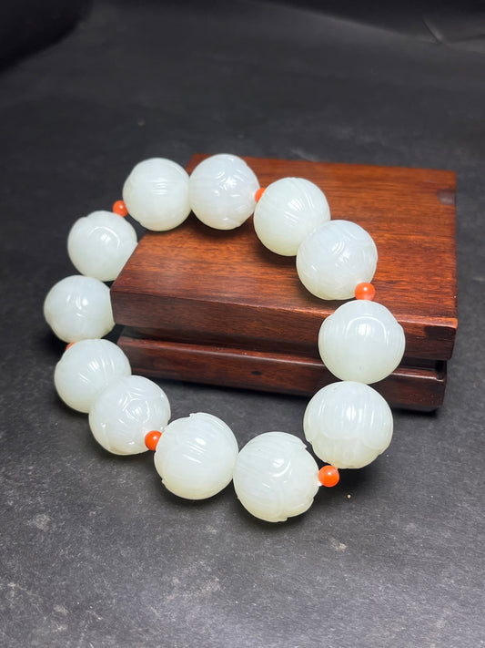 A0653 18mm Superb Chinese White Hetian Jade Carved Lotus Flower Beads Bracelet