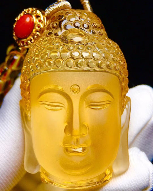 A0656 Exquisite Yellow Crystal Carved Siddhartha Buddha Head Pendant w Beads Neckalce
