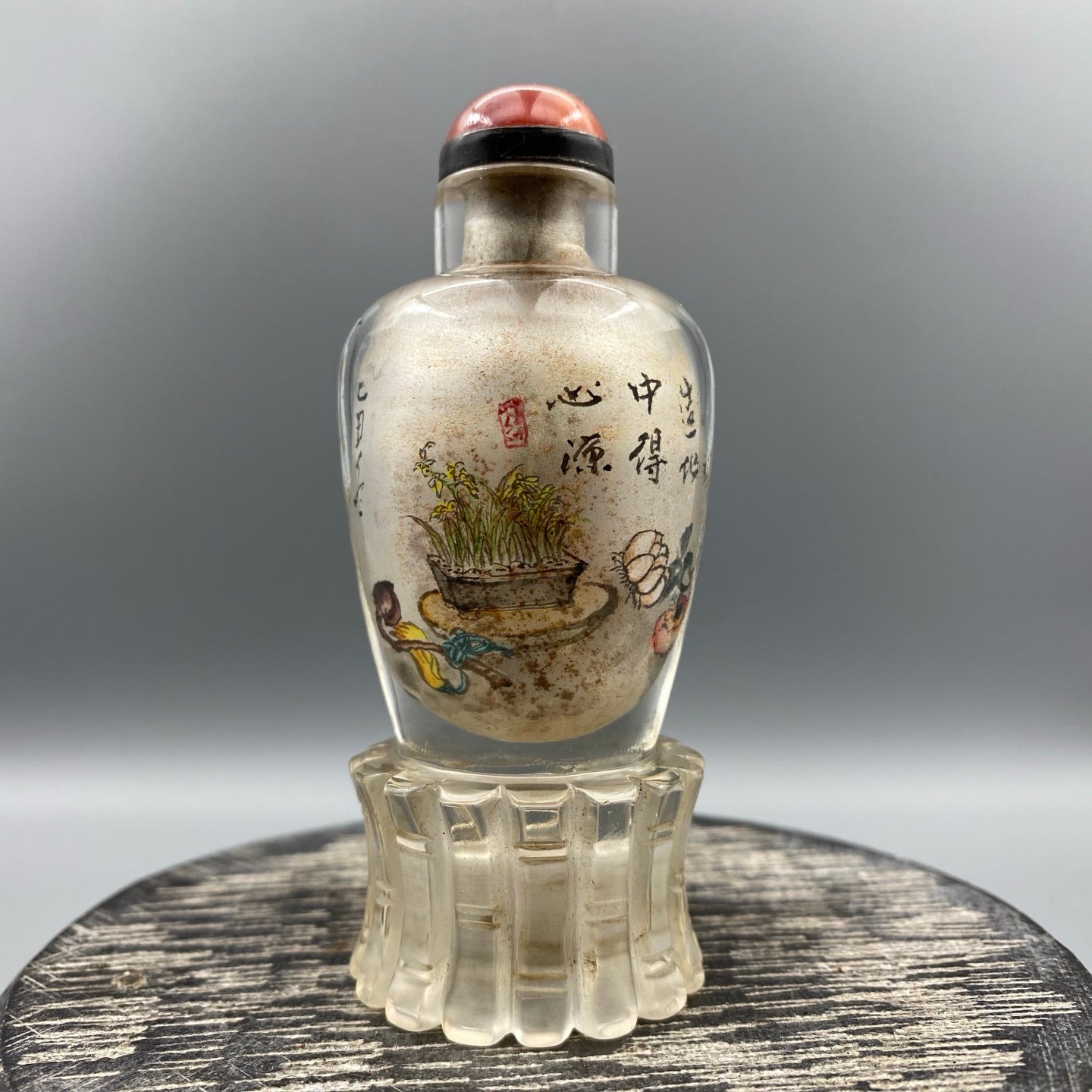 A0662 Old Chinese Peking Glass Inside Painting Snuff Bottle w Stopper