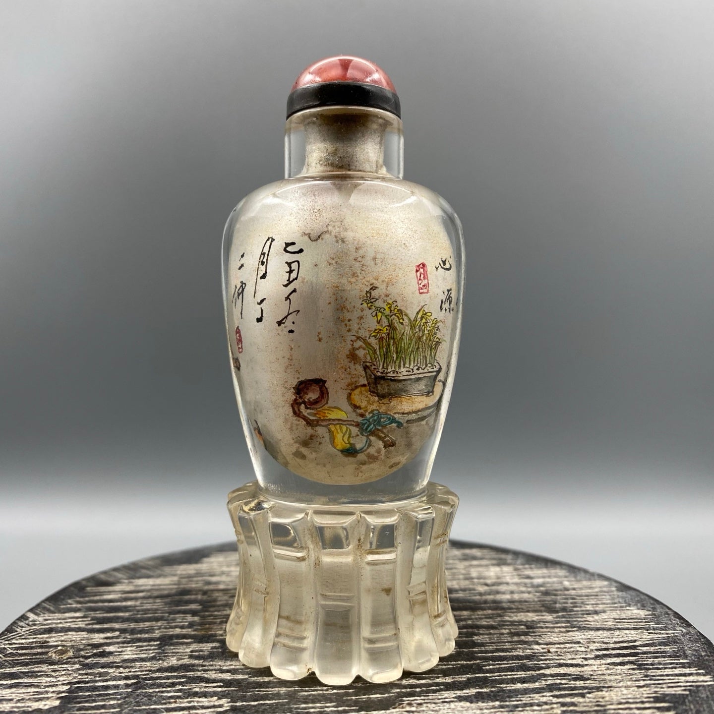 A0662 Old Chinese Peking Glass Inside Painting Snuff Bottle w Stopper