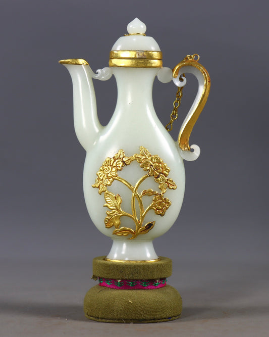 A0666 Chinese Inlaying Gold Edge Hetian Jade Wine Pot