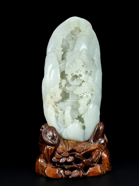 A0669 Superb Chinese White Hetian Jade Hand Carved Pine Tree & Figure Statue