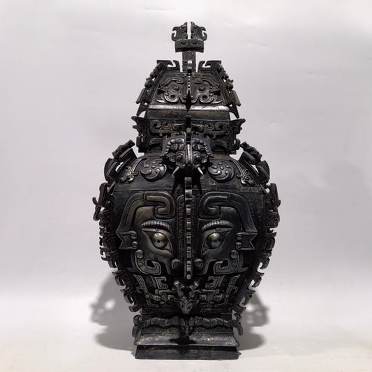A0671 Vintage Chinese Bronze Beast Face Wine Vessel - Fang Yi