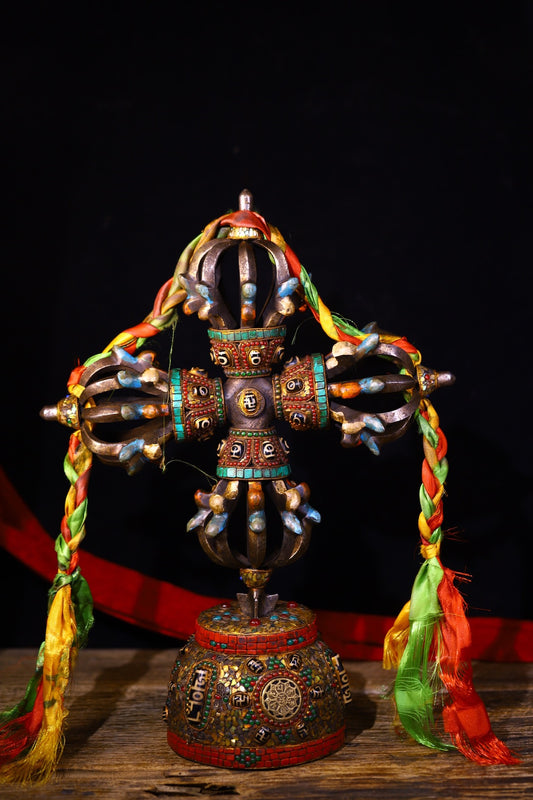 A0678 Tibetan Buddhism Gilt Gold Copper Inlay DZI Agate & Gem Dharma-vessel Statue