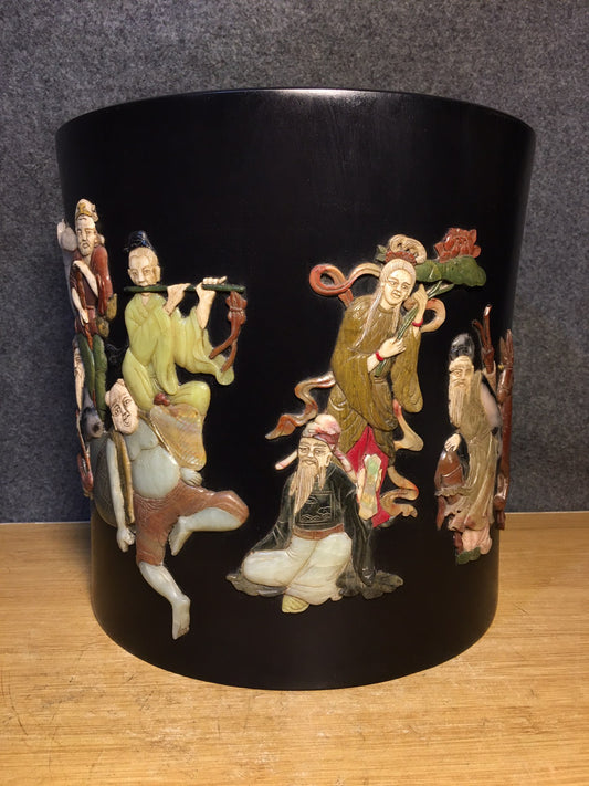 A0696 Chinese Zitan Wood Inlay Shoushan Stone Eight Taoism Deity Design Brush Pot
