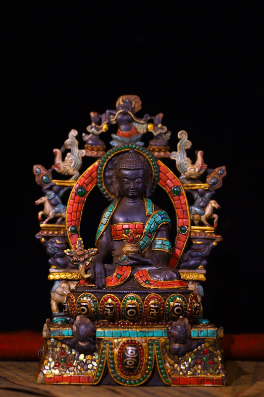 A0703 Tibetan Buddhism Copper Inlay DZI Agate & Turquoise & Gems Buddha Statue（复制）
