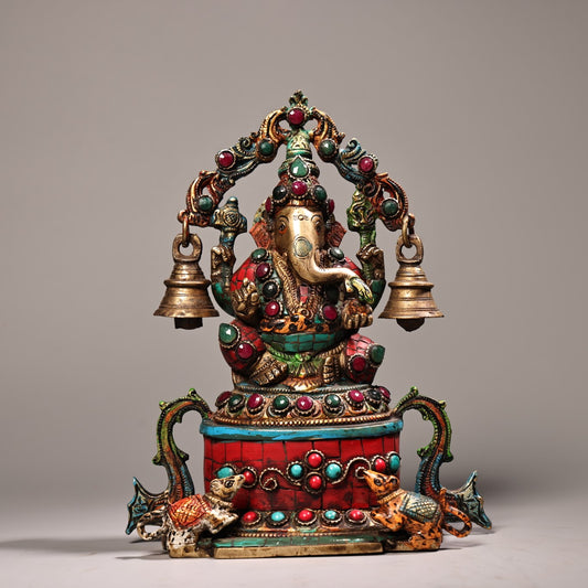 A0709 Tibetan Buddhism Gilt Gold Copper Inlay Turquoise & Gems Ganesha Buddha Statue