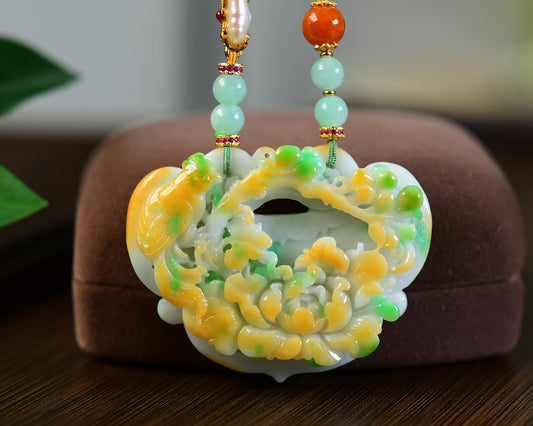 A0710 Exquisite Jadeite Carved Phoenix & Peony Pendant w Beads Necklace