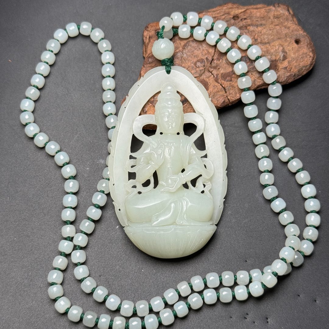 A0714 Openwork Chinese Hetian Jade Hand Carved Kwan-yin Pendant w Beads Neckalce