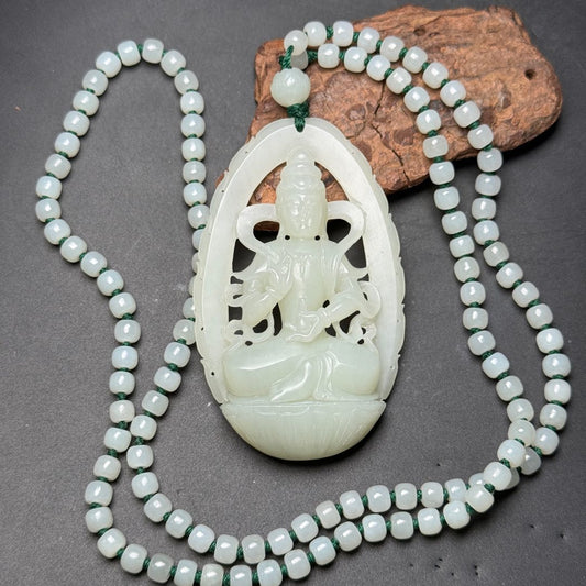 A0714 Openwork Chinese Hetian Jade Hand Carved Kwan-yin Pendant w Beads Neckalce