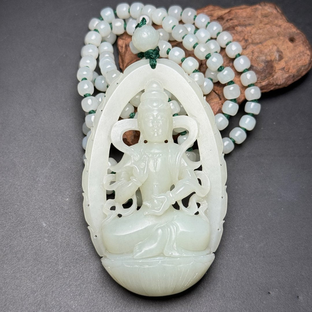 A0714 Openwork Chinese Hetian Jade Hand Carved Kwan-yin Pendant w Beads Neckalce