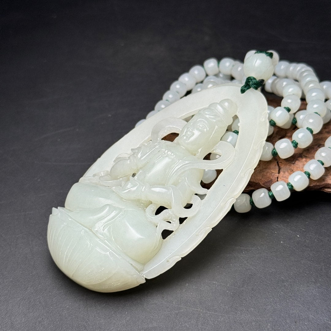 A0714 Openwork Chinese Hetian Jade Hand Carved Kwan-yin Pendant w Beads Neckalce