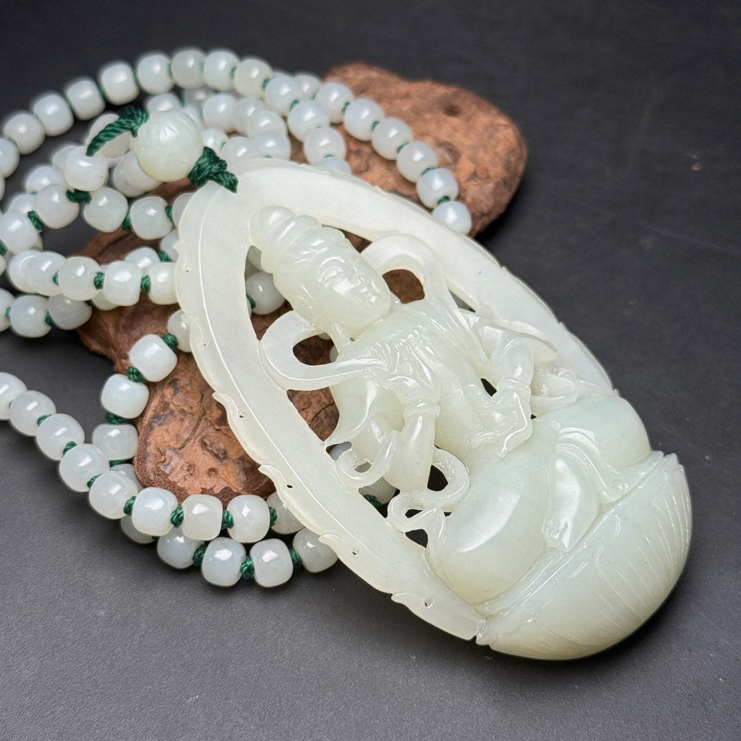 A0714 Openwork Chinese Hetian Jade Hand Carved Kwan-yin Pendant w Beads Neckalce