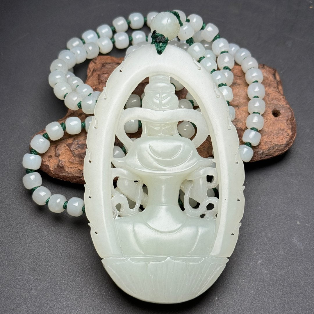 A0714 Openwork Chinese Hetian Jade Hand Carved Kwan-yin Pendant w Beads Neckalce