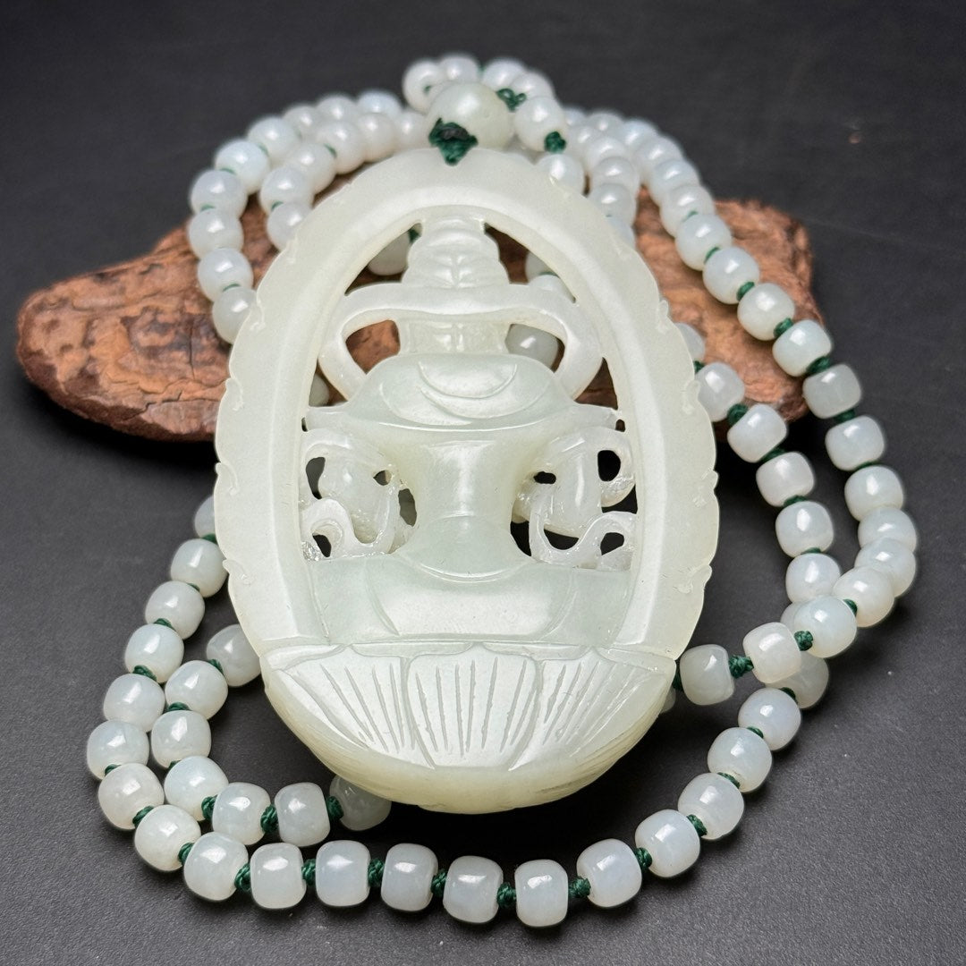 A0714 Openwork Chinese Hetian Jade Hand Carved Kwan-yin Pendant w Beads Neckalce