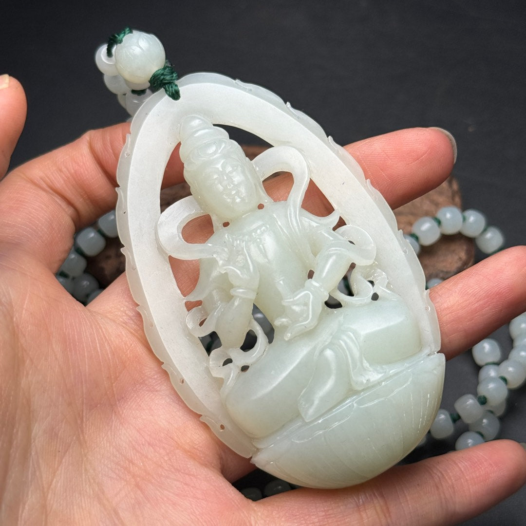 A0714 Openwork Chinese Hetian Jade Hand Carved Kwan-yin Pendant w Beads Neckalce
