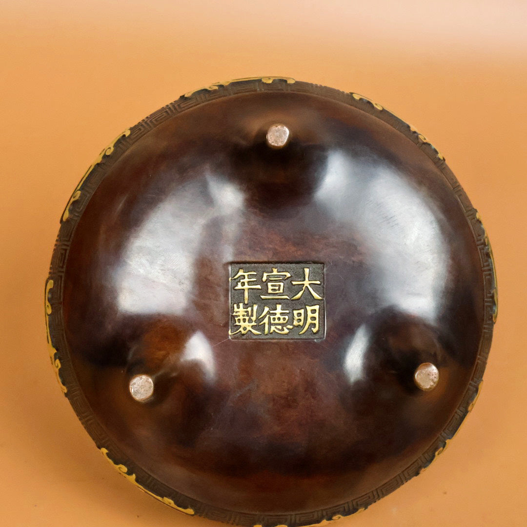 A0715 Vintage Chinese Gilt Gold Copper 3 Legs Double Ears Incense Burner